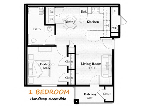 Floor plan for 1 bed, 1 bath, 738 sqft