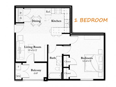Floor plan for 1 bed, 1 bath, 760 sqft