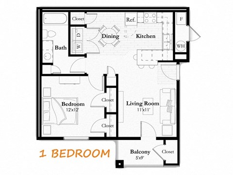 Floor plan for 1 bed, 1 bath, 738 sqft