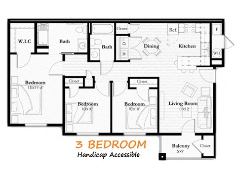Floor plan for 3 beds, 2 baths, 1055 sqft