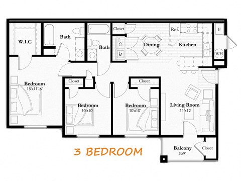 Floor plan for 3 beds, 3 baths, 1055 sqft