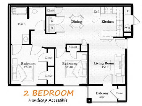 Floor plan for 2 beds, 1 bath, 854 sqft