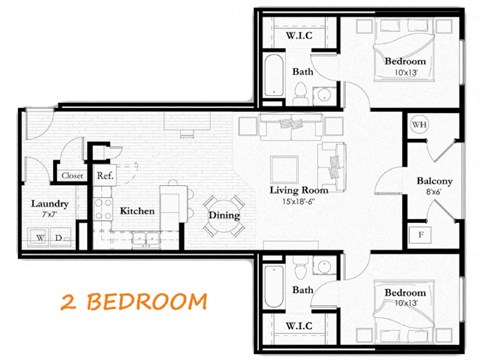 Floor plan for 2 beds, 2 baths, 1058 sqft
