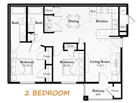 Floor plan for 2 beds, 2 baths, 854 sqft