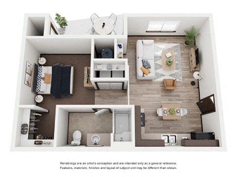 Floor plan for 1 bed, 1 bath, 668 sqft
