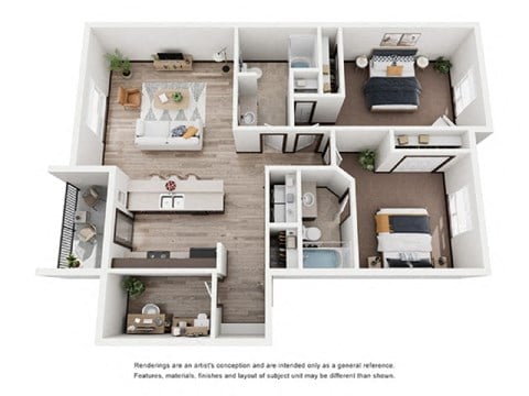 Floor plan for 2 beds, 2 baths, 1100 sqft