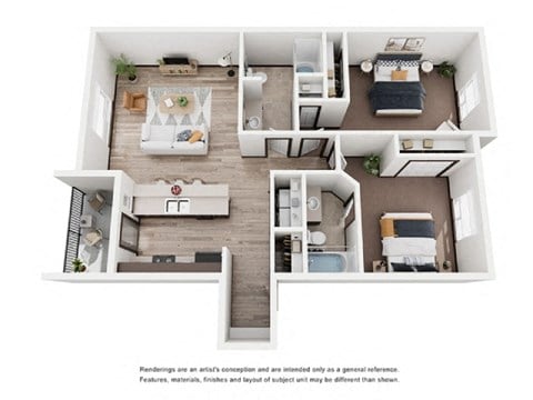 Floor plan for 2 beds, 2 baths, 1079 sqft