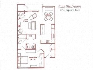Floor plan for 1 bed, 1 bath, 850 sqft