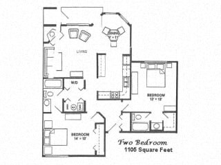 Floor plan for 2 beds, 2 baths, 1105 sqft