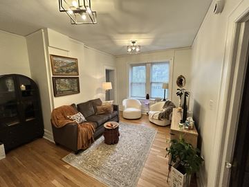 Detroit apartment for rent - A living room with a brown couch and a fireplace.