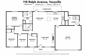 Vacaville apartment for rent - Floor plan for a 4 bedroom, 2 bathroom apartment.