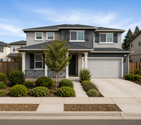 Chico apartment for rent - A grey house with a black roof and a white garage door.