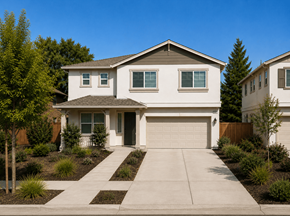 Chico apartment for rent - A white house with a brown roof and a garage door.