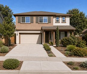 Chico house for rent - A beige house with a brown roof and a garage door.