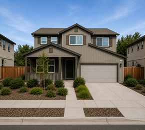 Chico apartment for rent - A house with a brown roof and a grey garage door.
