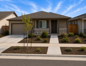 Chico apartment for rent - A house with a brown roof and a white garage door.