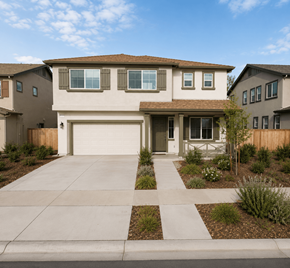 Chico apartment for rent - A beige house with a brown roof and a white garage door.