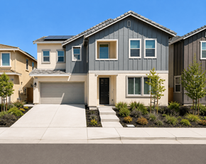 Fairfield apartment for rent - A modern house with a grey roof and a black garage door.