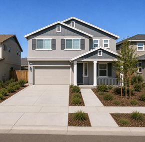 Chico apartment for rent - A modern house with a grey and white exterior and a white garage door.