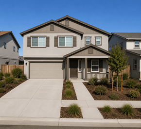 Chico apartment for rent - A house with a grey garage door and a brown roof.
