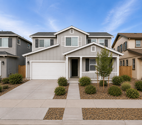 Chico apartment for rent - A modern house with a white garage door is surrounded by other houses and landscaping.