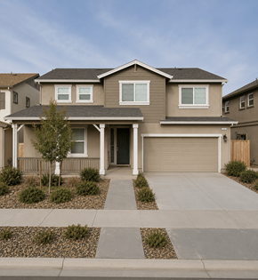 Chico apartment for rent - A house with a grey roof and a brown garage door.