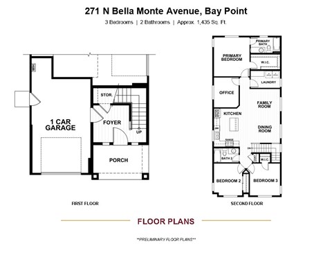 Floor plan for 3 beds, 2 baths, 1435 sqft