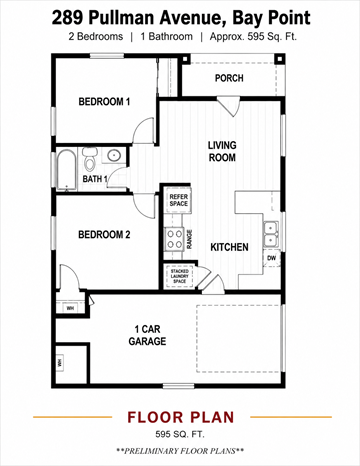 Bay Point apartment for rent - A floor plan for a 2 bedroom, 1 bathroom apartment at 289 Pullman Avenue, Bay Point.