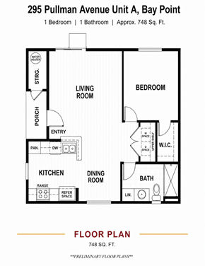 Bay Point apartment for rent - A floor plan for a 1 bedroom, 1 bathroom apartment at 295 Pullman Avenue Unit A, Bay Point.