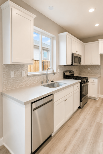Chico apartment for rent - A kitchen with white cabinets and a stainless steel dishwasher.