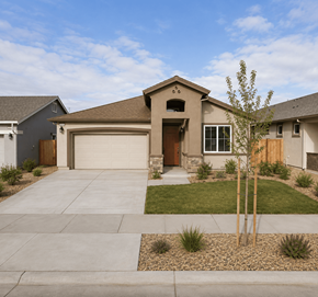 Chico apartment for rent - A house with a brown roof and a brown garage door is surrounded by a gravel area and a small tree.