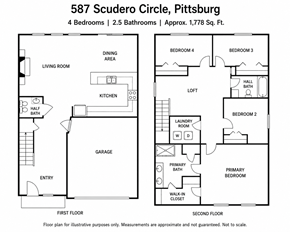 Pittsburg apartment for rent - A floor plan for a 4 bedroom, 2.5 bathroom property at 587 Scudero Circle, Pittsburg.