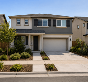 Chico apartment for rent - A modern two-story house with a garage and a driveway.