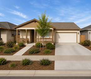 Chico apartment for rent - A house with a brown roof and a white garage door.