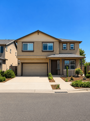 Chico apartment for rent - A beige house with a garage door and a driveway.