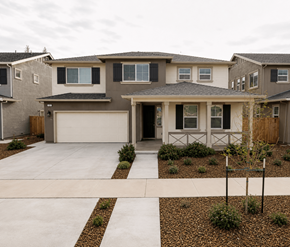 Chico apartment for rent - A modern house with a grey roof and white garage door.