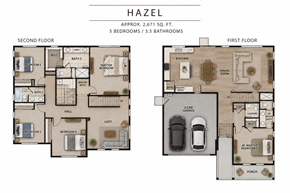 Chico apartment for rent - A floor plan of a two-story house named Hazel with 5 bedrooms and 3.5 bathrooms.