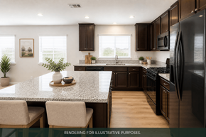 Pittsburg house for rent - A modern kitchen with dark brown cabinets and a granite countertop.