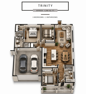 Chico house for rent - A floor plan of a trinity apartment with 3 bedrooms and 2 bathrooms.