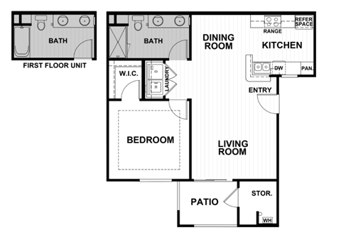 Floor plan for 1 bed, 1 bath, 741 sqft