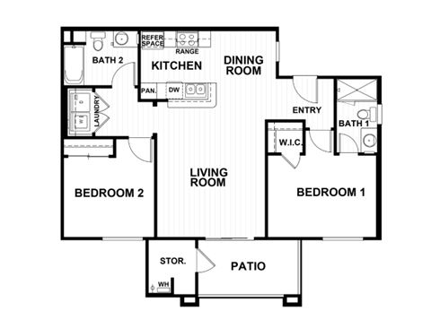Floor plan for 2 beds, 2 baths, 939 sqft
