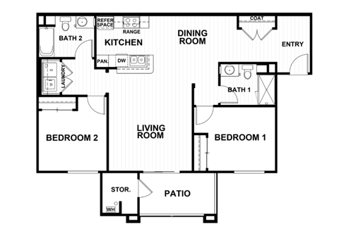 Floor plan for 2 beds, 2 baths, 1071 sqft