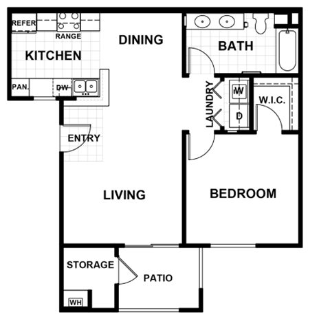 Floor plan for 1 bed, 1 bath, 741 sqft