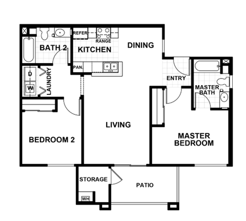 Floor plan for 2 beds, 2 baths, 939 sqft