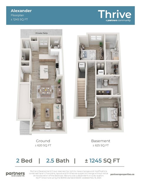 Floor plan for 2 beds, 3 baths, 1245 sqft