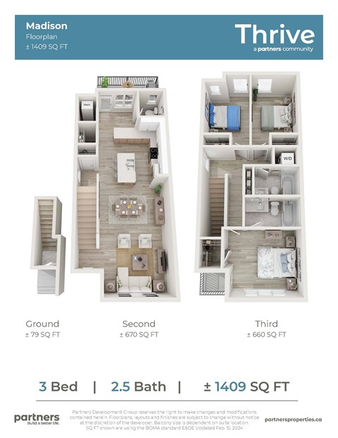 Floor plan for 3 beds, 3 baths, 1409 sqft