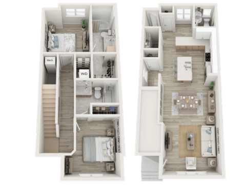 Floor plan for 2 beds, 3 baths, 1245 sqft