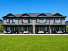 Fredericton apartment for rent - A large house with a grey roof and a green lawn in front.