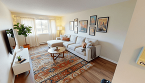 Fredericton apartment for rent - A living room with a white couch, a rug, and pictures on the wall.