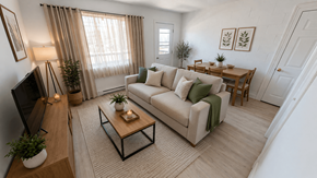 Fredericton apartment for rent - A living room with a white couch, a coffee table, and a television.